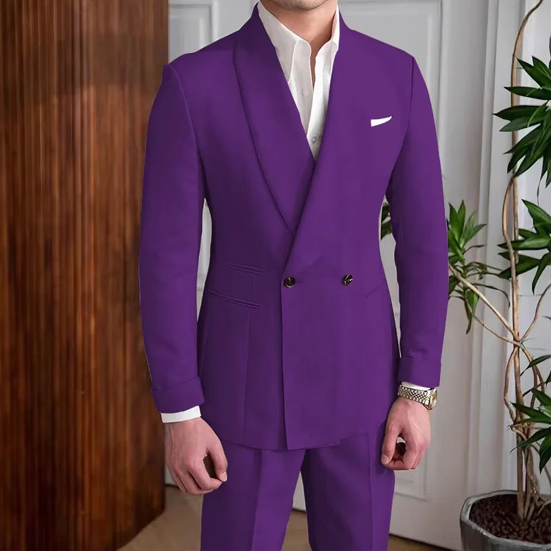 Men's Linen Suit 2-Piece Khaki Shawl Collar Double-Breasted Slim Fit Breathable Jacket and Pants Formal Set for Summer Business