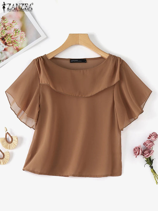 ZANZEA Summer Women Chiffon Blouse Elegant Ruffle Short - View 4 | SAMAG