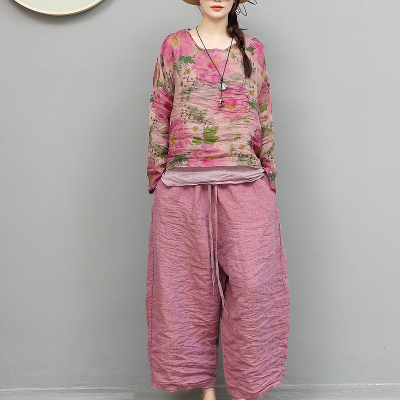 Women Summer Loose-fitting Versatile Cropped Wide-leg Pants LX6167