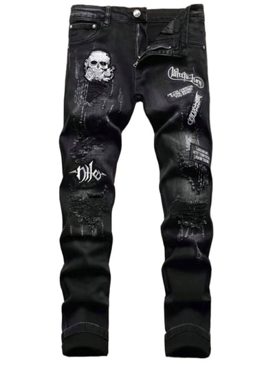 Men's Black Distressed Jeans Skull Patch & Embroidery | SAMAG