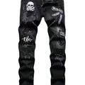 Men's Black Distressed Jeans Skull Patch & Embroidery | SAMAG