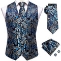 Hi-Tie Navy Blue Mens Vest Formal Paisley Waistcoat Jacket Tie Handkerchief Cufflinks Set For Male Dress Suit Wedding Party