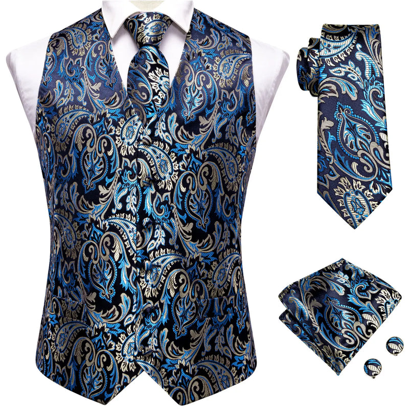 Hi-Tie Navy Blue Mens Vest Formal Paisley Waistcoat Jacket Tie Handkerchief Cufflinks Set For Male Dress Suit Wedding Party