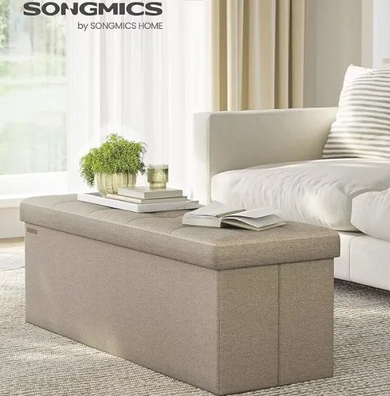 SONGMICS Storage Ottoman, Padded Foldable Bench, Chest with Lid, Holds up to 300 kg, for Bedroom, Hallway, Living Room