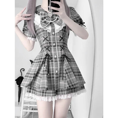College - Style Retro Gray Plaid Shirt Dress for Women | SAMAG