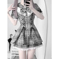 College-Style Retro Gray Plaid Shirt Dress for Women, Summer Sweet Little Girl's Bow Lace Waist-Cinching Short Dress