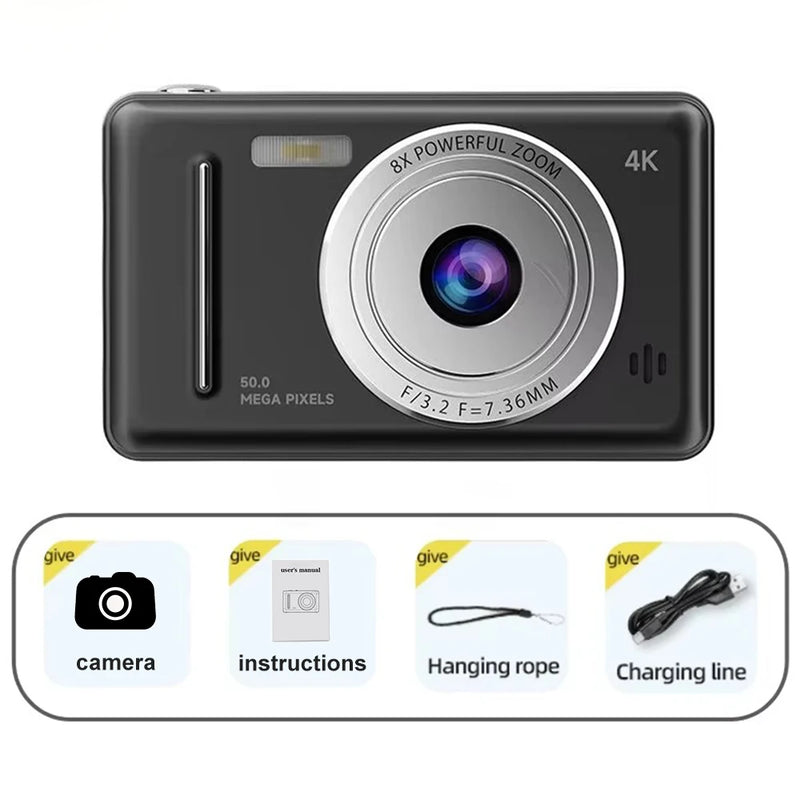 4k Digital Camera IPS HD 50MP CCD Camera 2.4" Autofocus Vlogging Student Camcorder 8X Dual Cam and LED Flash Video Photo Filming