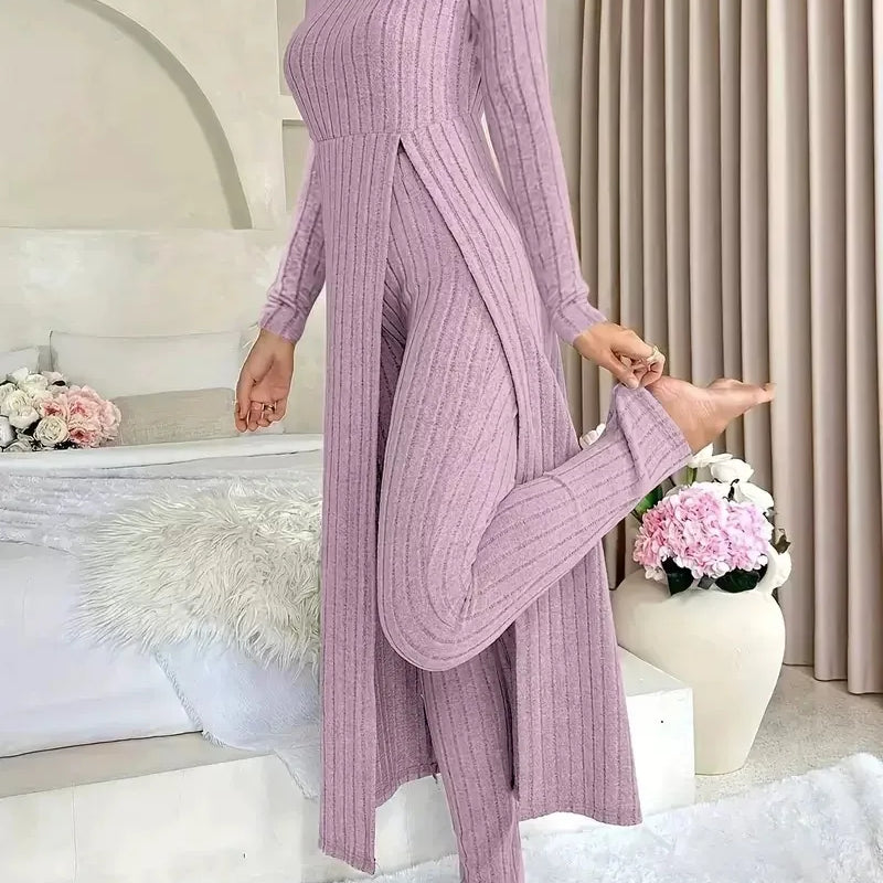 2026 New Fall/Winter Design Round-neck Slit Long-Sleeved Thick Striped Long-Sleeved Two-Piece Set (Extra Large Long-Sleeved Casual Wear)
