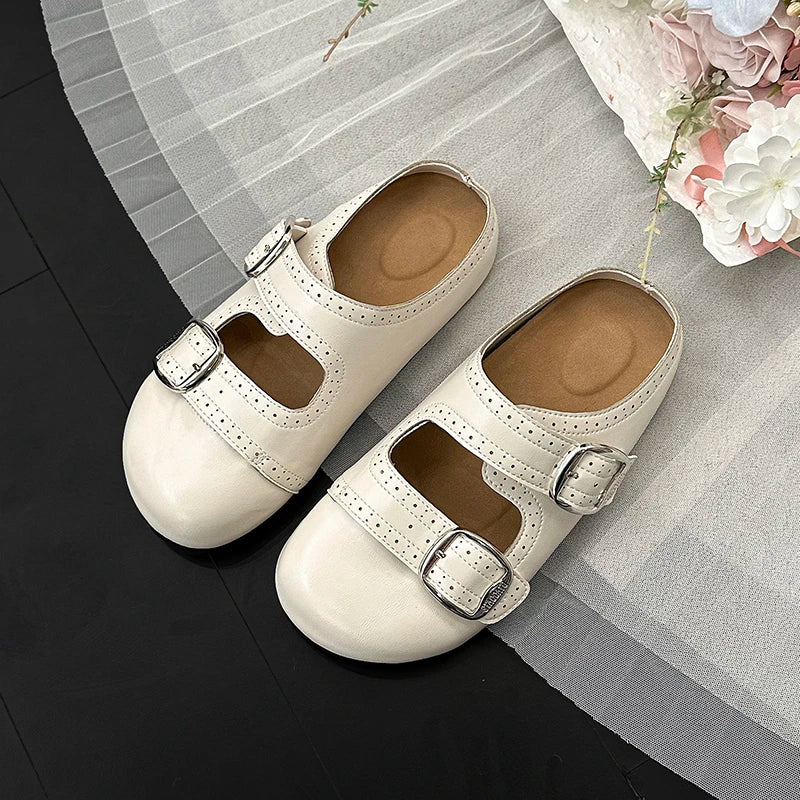 Summer Women Double Buckle Strap Perforated Round Toe Mules Clogs Slip On Non Slip Casual Daily Slippers Slides Shoes for Ladies