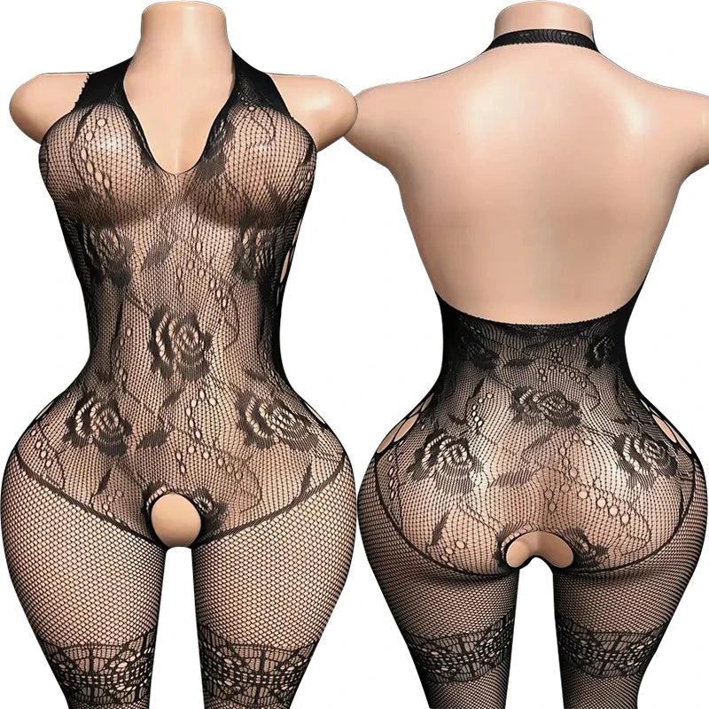 Sexy Crotchless Lingerie For Women Fishnet Teddy Bra Set Erotic Costumes Stretch Mesh Hollow Bodystockings Female Underwear Sets