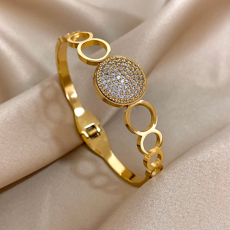 Stainless Steel Bangle Bracelet Inlay Luxury Rhinestones Gorgeous Synthetic Zirconia Geometric Oval Square Stars Shape for Women