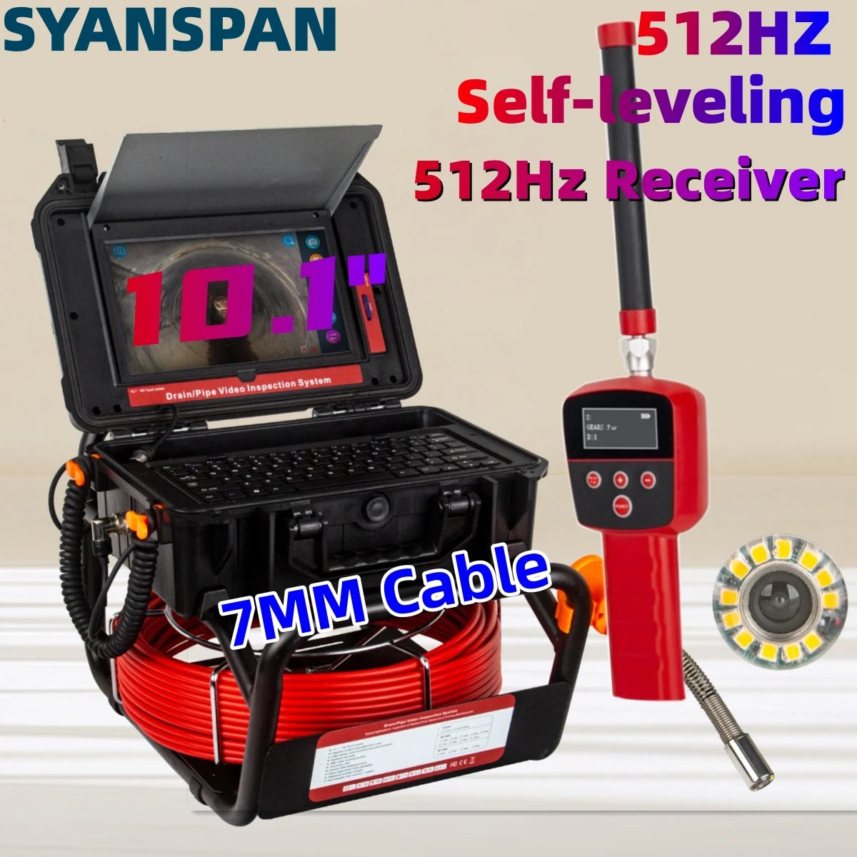 Sewer Pipe Inspection Camera 10.1"HD1080P Touch Screen,SYANSPAN Industrial Endoscope 512Hz Sonde+Locator/Receiver+Self-leveling