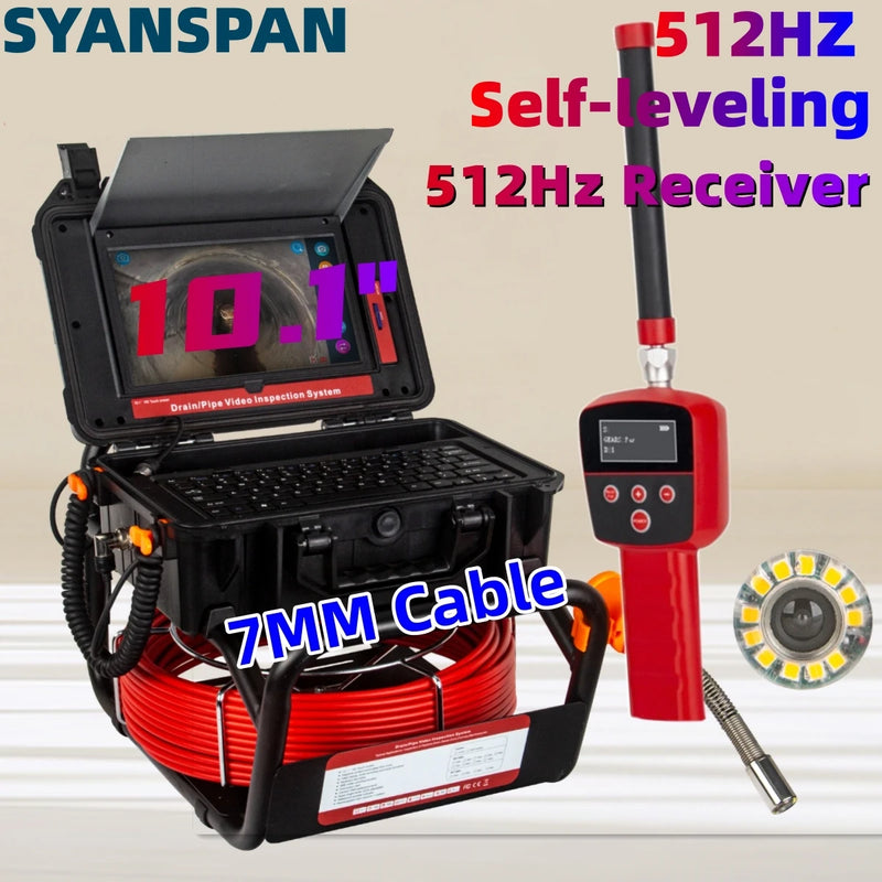 Sewer Pipe Inspection Camera 10.1"HD1080P Touch Screen,SYANSPAN Industrial Endoscope 512Hz Sonde+Locator/Receiver+Self-leveling