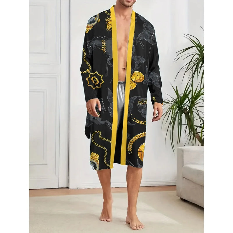Men's Long Robe Quick Drying Spring and Autumn Home Trend Fun Digital Printed Nightgown for Leisure and Entertainment.