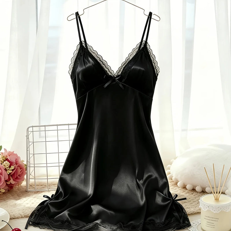 Women's Satin Cami Nightdress V Neck Lace Trim Sleepwear | SAMAG