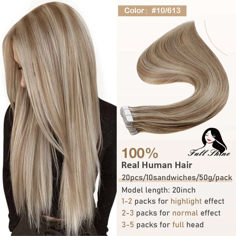 Full Shine Tape In Hair Extensions Human Hair 100% Remy Natural Human Hair Seamless Skin Weft Seamless Color Glue For Women