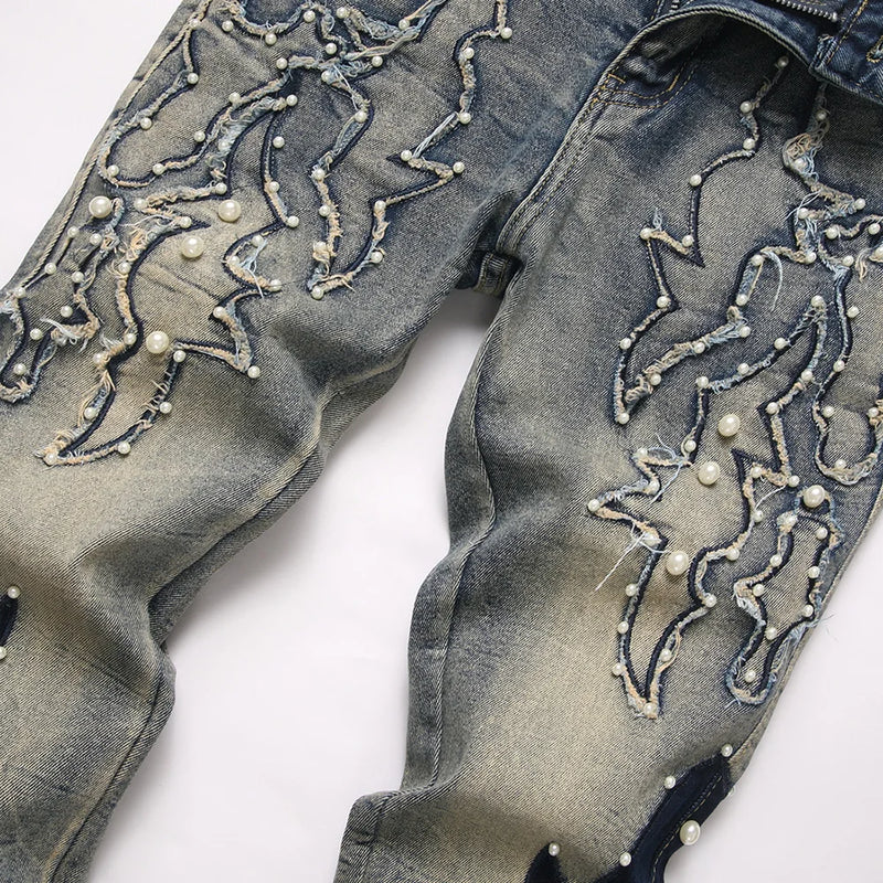 Men's Pearl Boot Cut Denim Jeans Embroidery Patch Slim | SAMAG