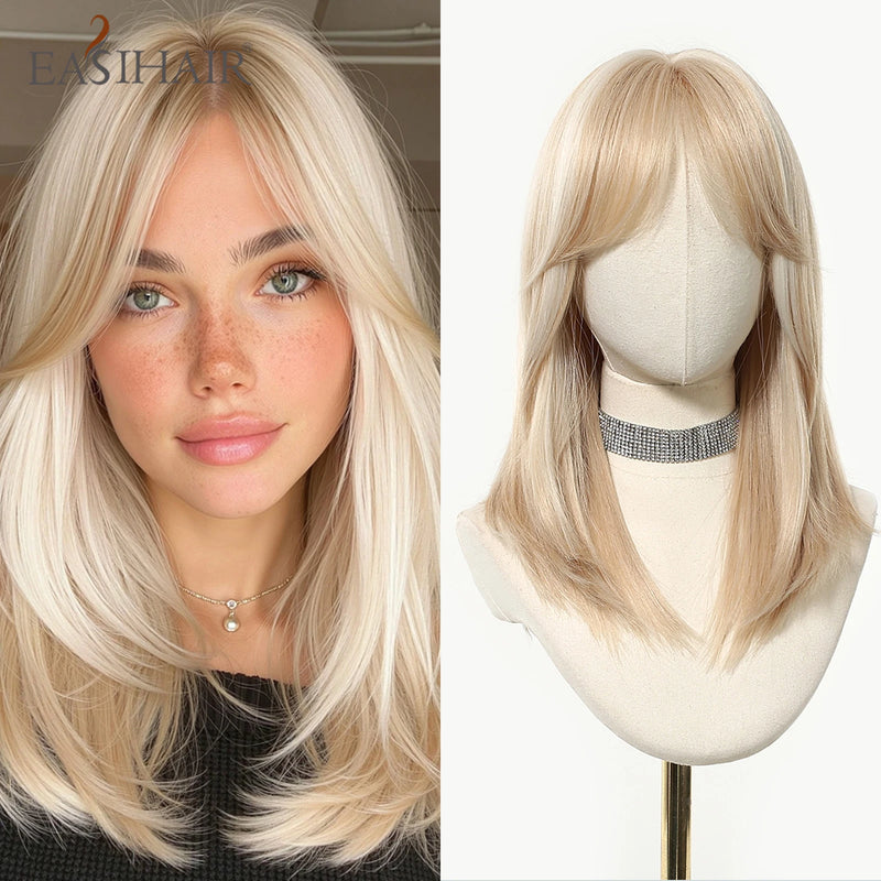 EASIHAIR Medium Length Wavy Blonde Synthetic Wig With Bangs For Women Natural Wigs Hair Heat Resistant Daily Party Cosplay Use