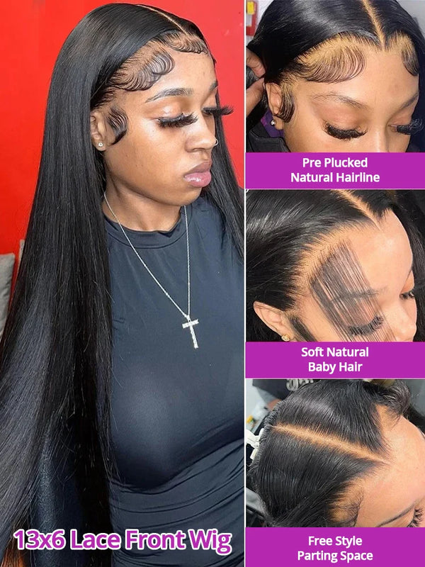 300 High Density Hd 13x4 13x6 Bone Straight Human Hair Lace Front Wigs Pre Plucked Baby Hair Brazilian 40 46 Inch 360 Full Lace Frontal Wigs For Black Women 100% Real Human Hair Natural Black Color