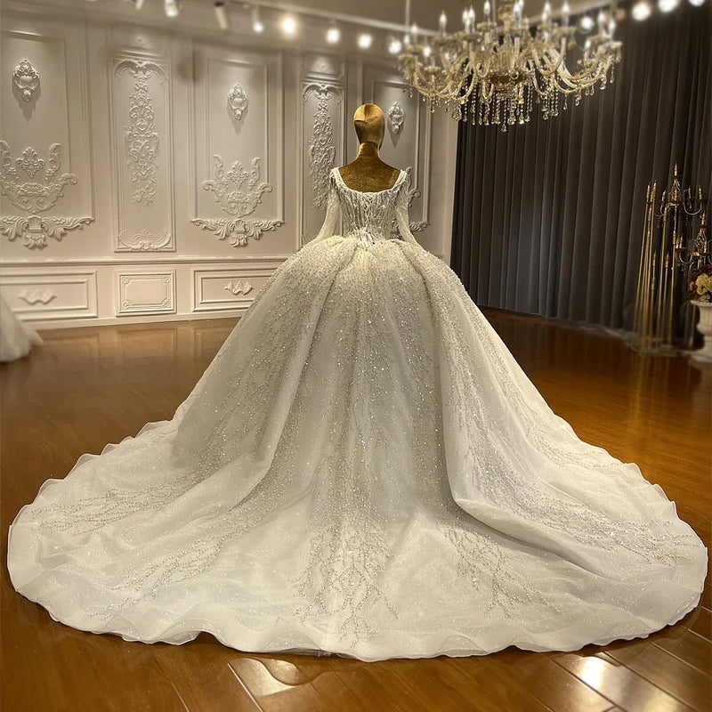 Luxury Sparkly Ball Gown Wedding Dress Long Sleeves - View 3 | SAMAG