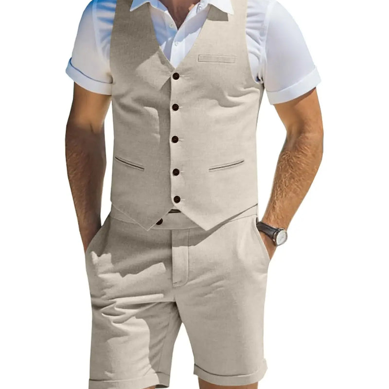 Men's Suit Linen 2 Piece Vests Short Pants Suits for Men Casual Summer Beach Groomsmen Wedding Waistcoat Set