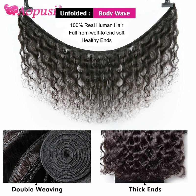 Aopusi Body Wave Bundles With Closure Brazilian Human Hair Weave Bundles With Closure Hair Extension 3/4 Bundles With Closure