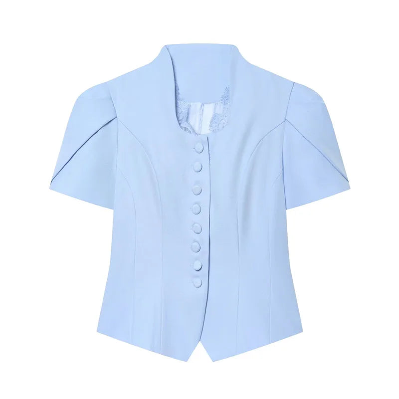 Women V Neck Puff Sleeve Cropped Blouse Button Slim - View 8 | SAMAG