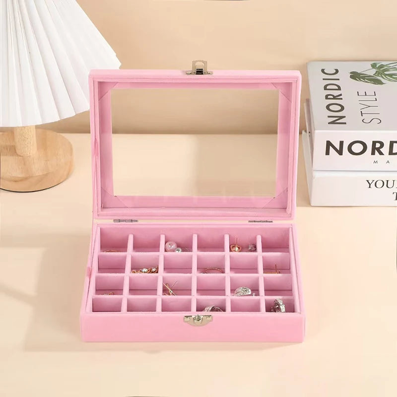 24 Grid Jewelry Storage Box New Transparent Window Large Capacity Ring Necklace Jewelry Storage, Simple And High-end Display Box