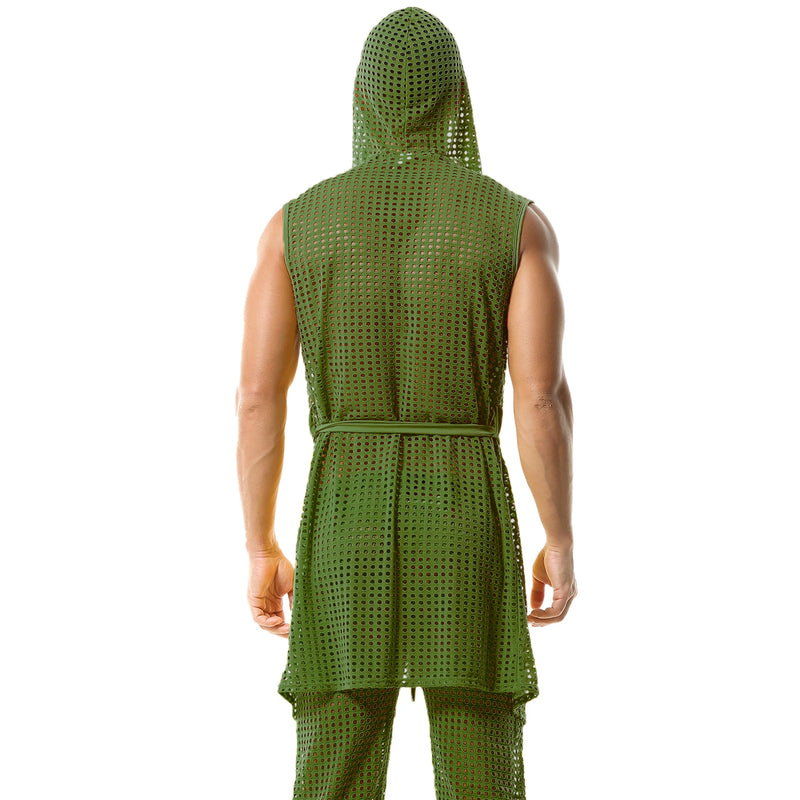 Men's Fishnet Hollow Out Robes Classic Lounge Pants Sexy Sleepwear Mens Robe Sets Daily Home Sleeveless Bathrobes Hooded Pajamas