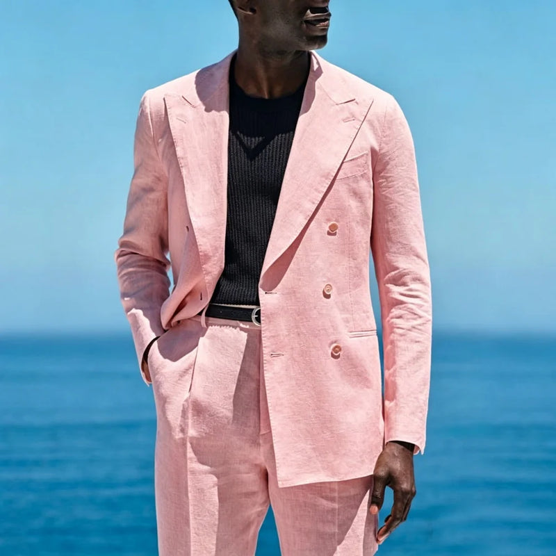 Summer Linen Double Breasted Men Suit Set Separates 2 Pieces Custom Jacket with Pants for Beach Wedding Groom Tuxedo 2026