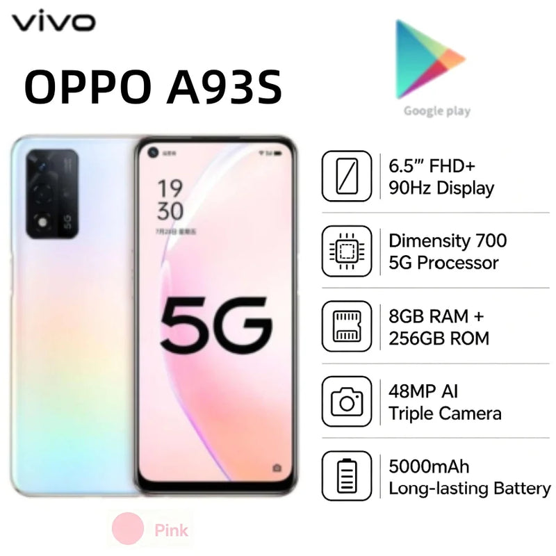 2026 new OPPO A93s 5G Smartphone 8GB 256GB Dimensity 700, 6.5" FHD+ 90Hz Display, 48MP Triple Camera, 5000mAh Battery