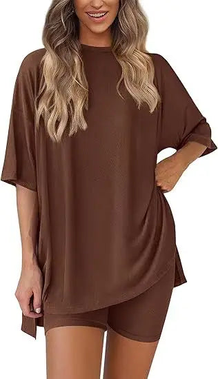 2026women's New Fashion Trend Basic High-quality Casual Round Neck Slit Loose Casual and Comfortable Women's Two-piece Home Suit