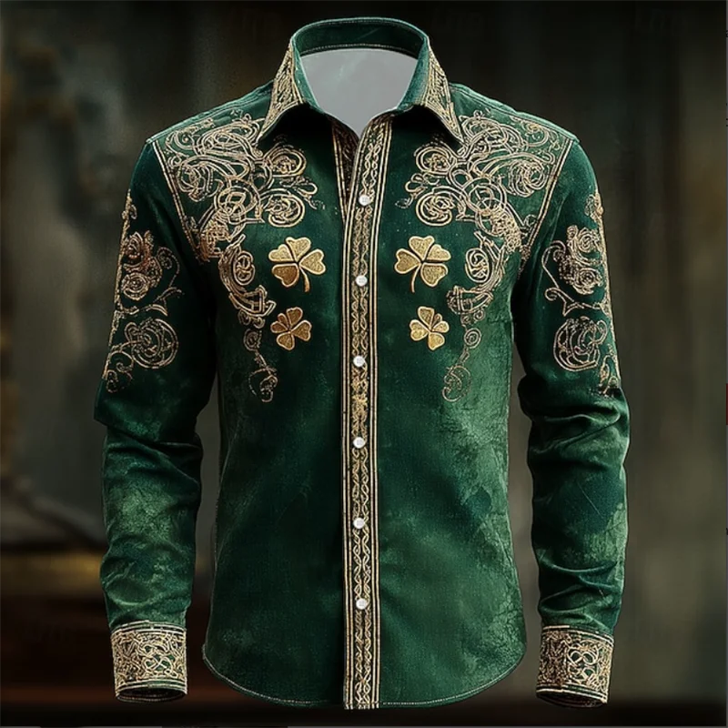 New Men's Floral Long Sleeved Shirt with Gold 3D Clover | SAMAG