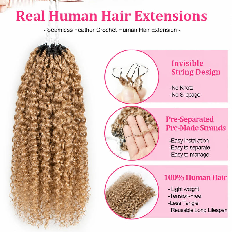 Premium Honey Blonde Highlight Human Hair Crochet Extensions Kinky Curly Deep Burmese Curl Pattern Feather Braids Pre Separated Miracle Knots Invisible Knotless Lightweight Soft Natural Looking Boho Hair