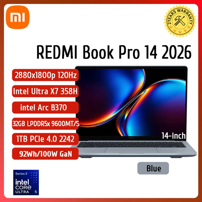 Xiaomi REDMI Book Pro 14 Laptop 2026 Ultra5-338H/Ultra7-358H 32GB+1TB 14inch Screen Blue Notebook Xiaomi