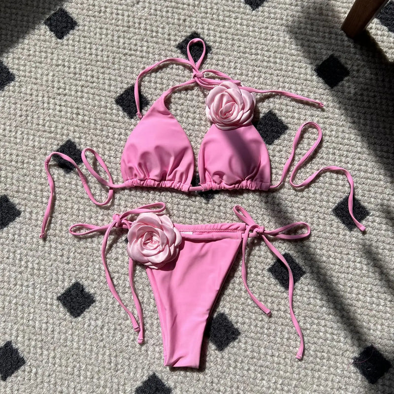 Sexy 3D flower bikinis sets triangle two pieces rose | SAMAG