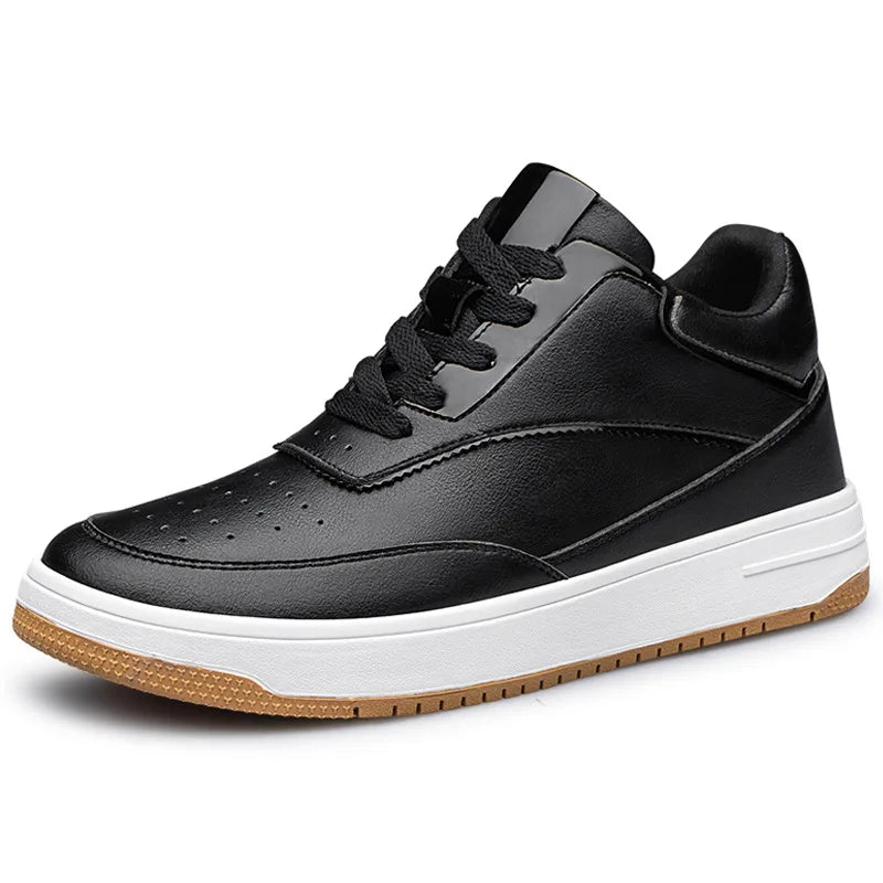 Men's Invisible Height Increasing Elevator Shoes 6cm 8cm 10cm Pure White Light-Weight Lace-up Genuine Leather Sporty Sneakers