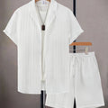 Men's White Pleated Texture Set Cuban Collar Short Sleeve | SAMAG