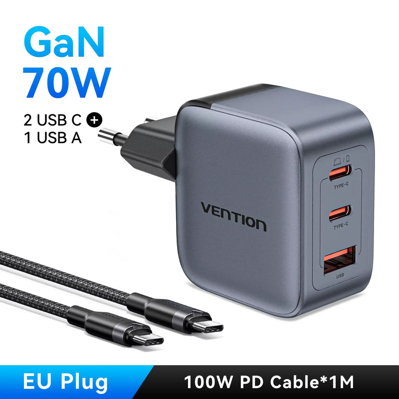 Vention 70W GaN Charger Quick Charge 3.0 USB C Charger for iPhone 17 16 15 Pro iPad Macbook Air Tablet PD Type C Fast Charger