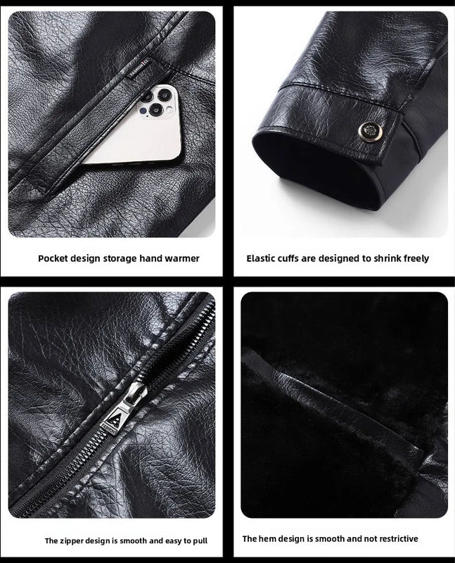 2025Plush Thickened Faux Leather Jacket Men's Fur Collar  Jacket Windproof   Waterproof Business Jacket Winter motorcycle jacket