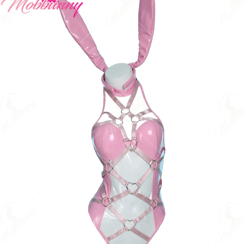 Mobbunny Women  Bunny Girl Cosplay Lingerie Set Pink Transparent Bandage Heart Buckle Bodysuit with Hand Ring Headband
