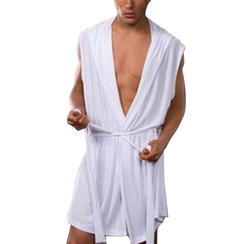 Men's Summer Milk Silk Bathrobe Hooded Sleeveless Bathrobe Pajamas Slimming Medium And Long Fitting Household Clothing