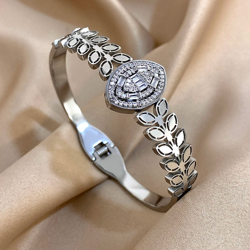 Stainless Steel Bangle Bracelet Inlay Luxury Rhinestones Gorgeous Synthetic Zirconia Geometric Oval Square Stars Shape for Women
