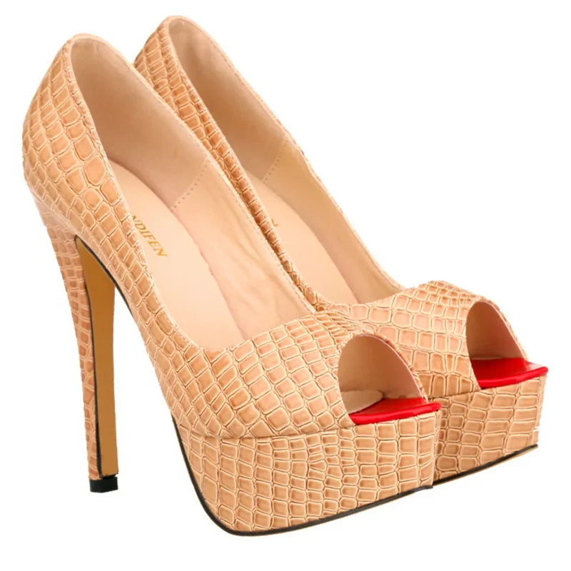 Women Sexy Pumps Shoes Peep Toe Platform High Heels New 14cm Crocodile Pattern Shallow Party Dress Work Ladies Red Wedding Shoes