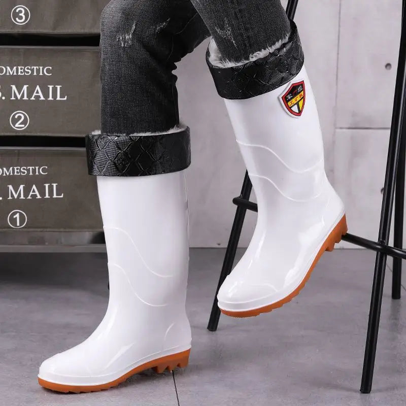 Men White Rain Boots Knee High Mid Calf Rubber Waterproof Winter Warm Outdoor Garden Fishing Work Shoes