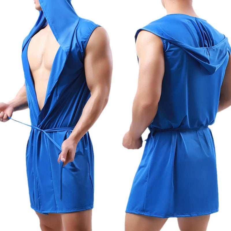 2026 Summer Men's Sexy Sleeveless Pajama Kimono Robe Fashion Loose Casual Hooded Bathrobes Cool Smooth Bath Robe Male Sleep Gown