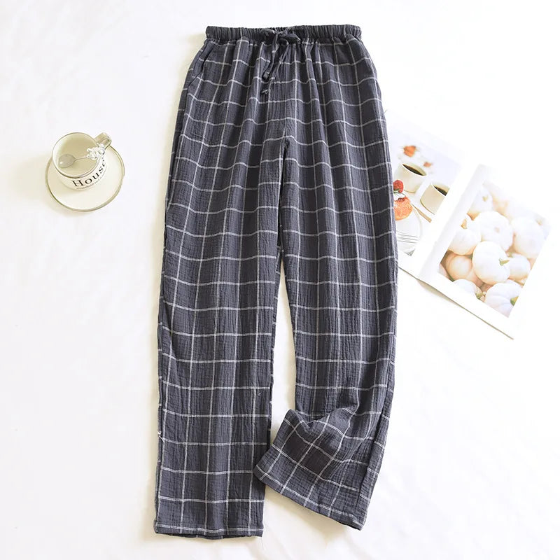 New 2026 Summer Men's Sleeper Pants 100% Cotton Crepe Pants Loose Thin Large Home Casual Checkered Home Pants Bottoms for Men