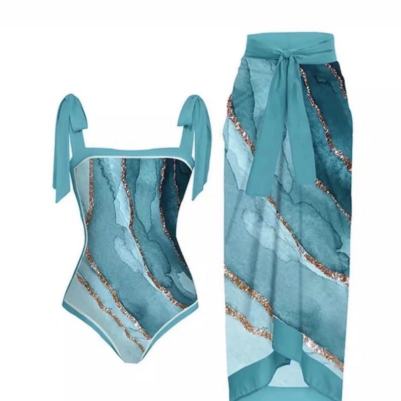 Fashion Women Cover Swimsuit Retro Print Gorgeous One-Piece Suit with Swimwear Beach Casual Swimwear Skirt That Wraps Hips