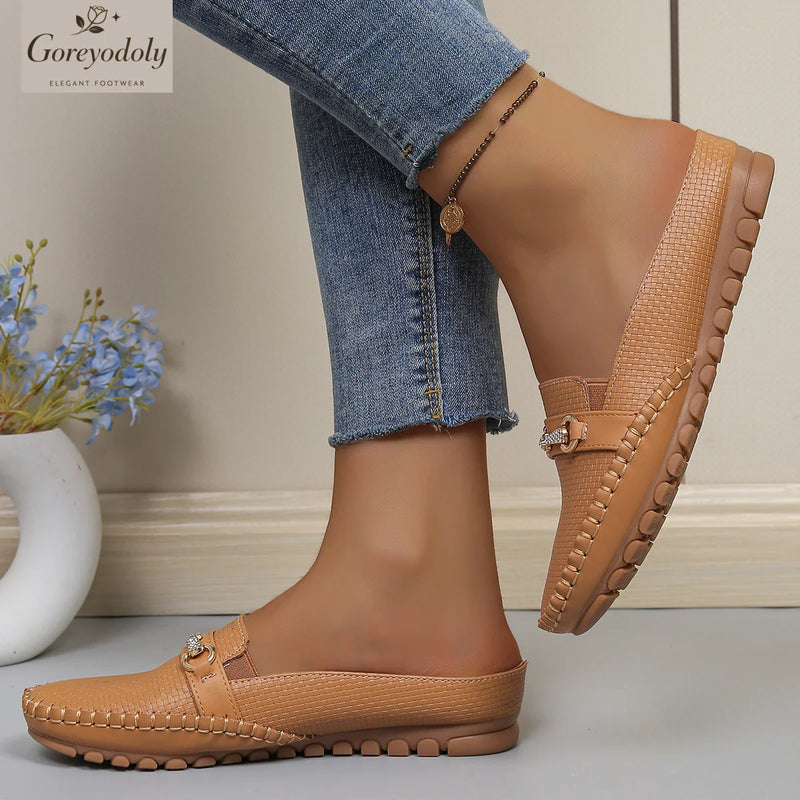 Goreyodoly women mule flats quilted slip on shoes chain detail wide fit lightweight soft sole casual comfort loafers