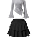 New Fashion Women's Half Skirt Summer Casual Elastic High Waist Slim Skirt Long Sleeve Slant Shoulder Sexy T-shirt Top 2-Piece
